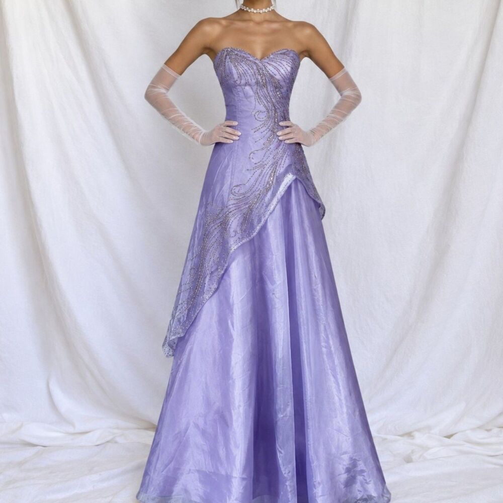 Vintage Y2K Purple Strapless Organza Beaded Flared Maxi Formal Prom Dress Size M